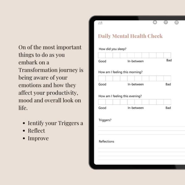 Digital Journal filled with habit trackers, journal pages, free stickers, book review templates, mental health check and great journal prompts for self