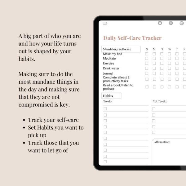 Digital Journal filled with habit trackers, journal pages, free stickers, book review templates and great journal prompts for self