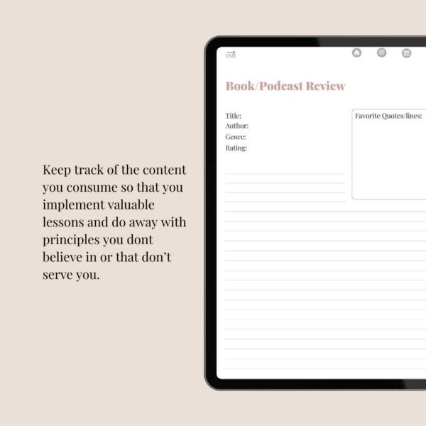 Digital Journal filled with habit trackers, journal pages, free stickers, book review templates and great journal prompts for self transformation.