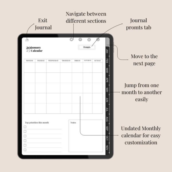 Digital Journal filled with habit trackers, journal pages, free stickers, book review templates and great journal prompts for self